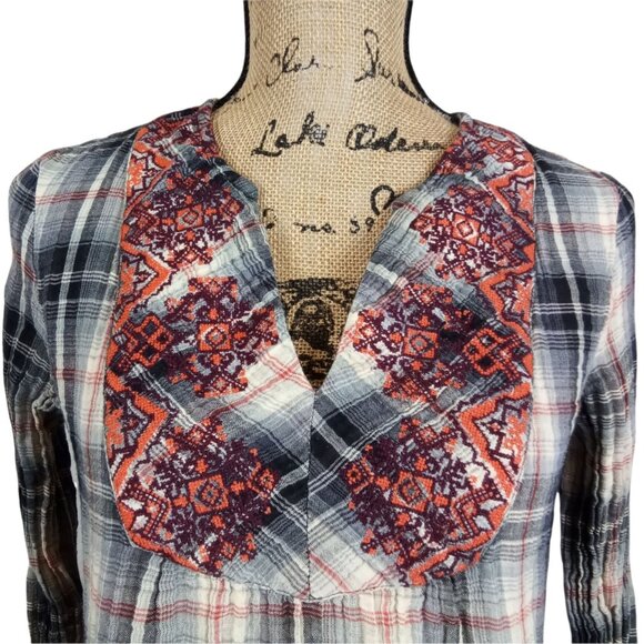 Sundance Plaid Embroidered Cottage Western Long Sleeve Peasant Top XS - Picture 2 of 6